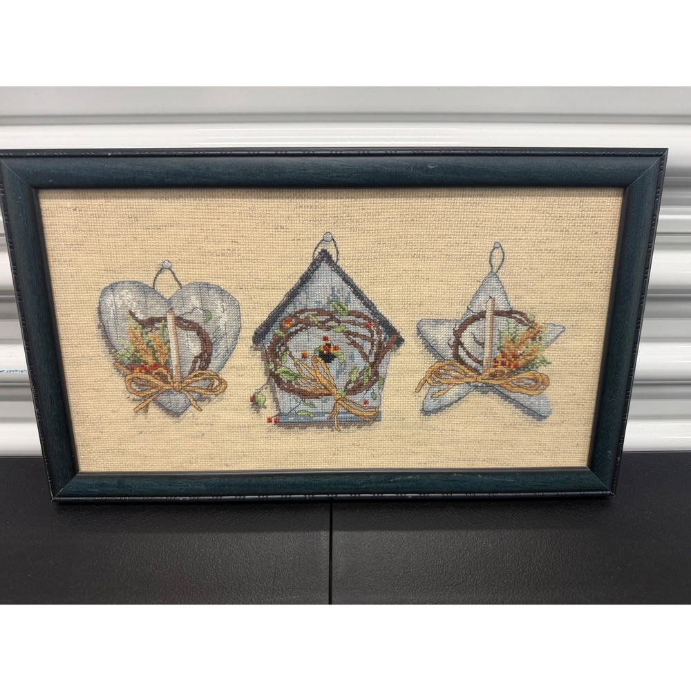 Vintage Framed Cross Stitch Wall Art Cottagecore Heart Birdhouse Star Decor